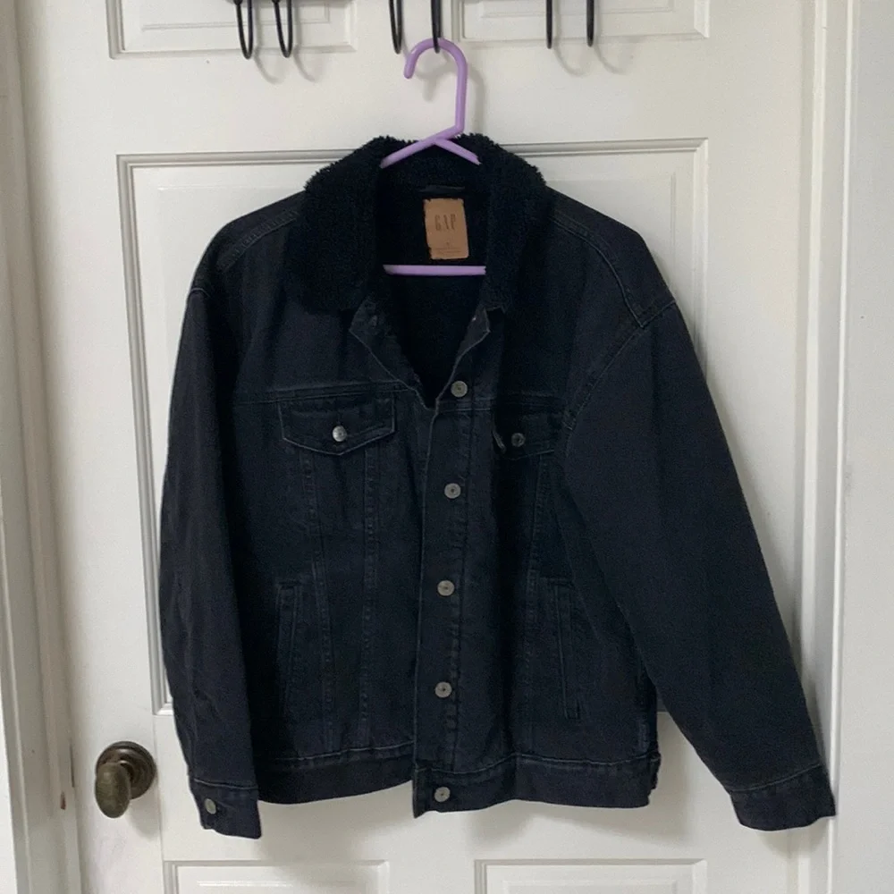 Gap oversized black denim Sherpa jacket size Small - Picture 3 of 11